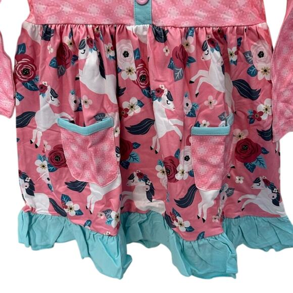 Baby Toddler Girls 12-18 (XS) Months Okie & Lou Pink Unicorn Floral Ruffle Dress - Picture 4 of 8